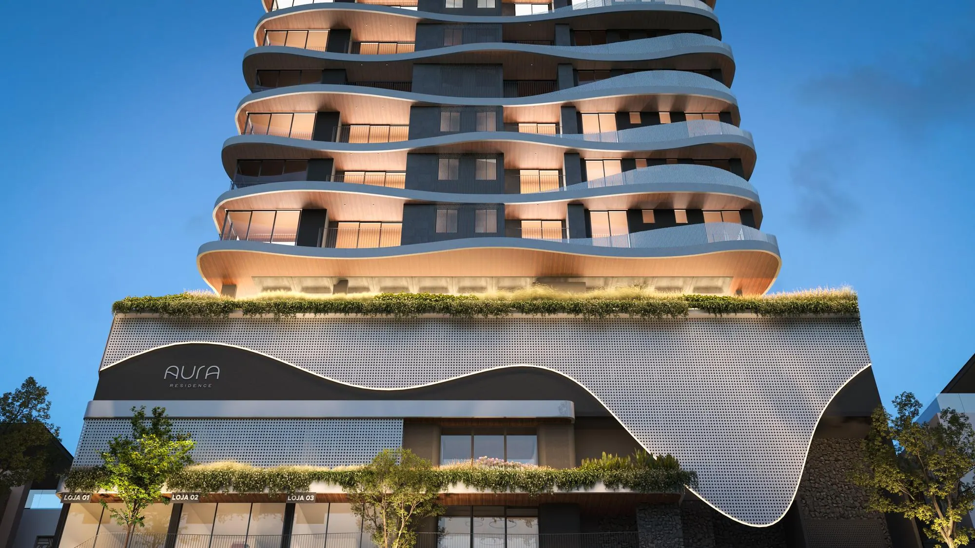 Aura Residence, fachada à noite