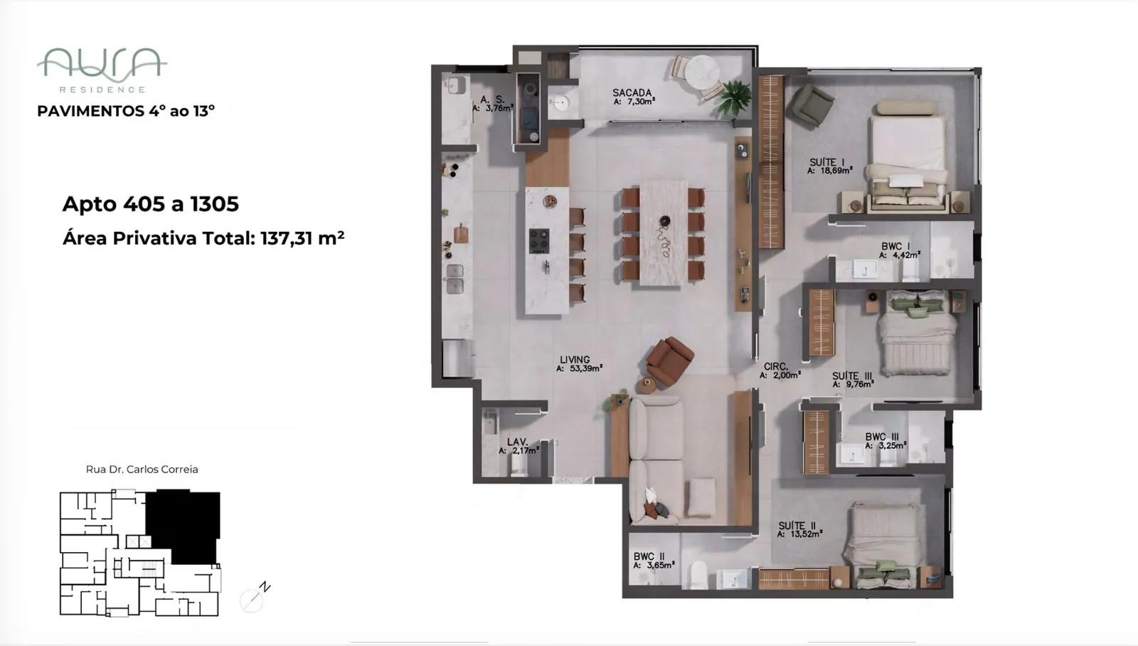 Planta da cota 405 do Aura Residence, 3 suítes, 137,31 m²