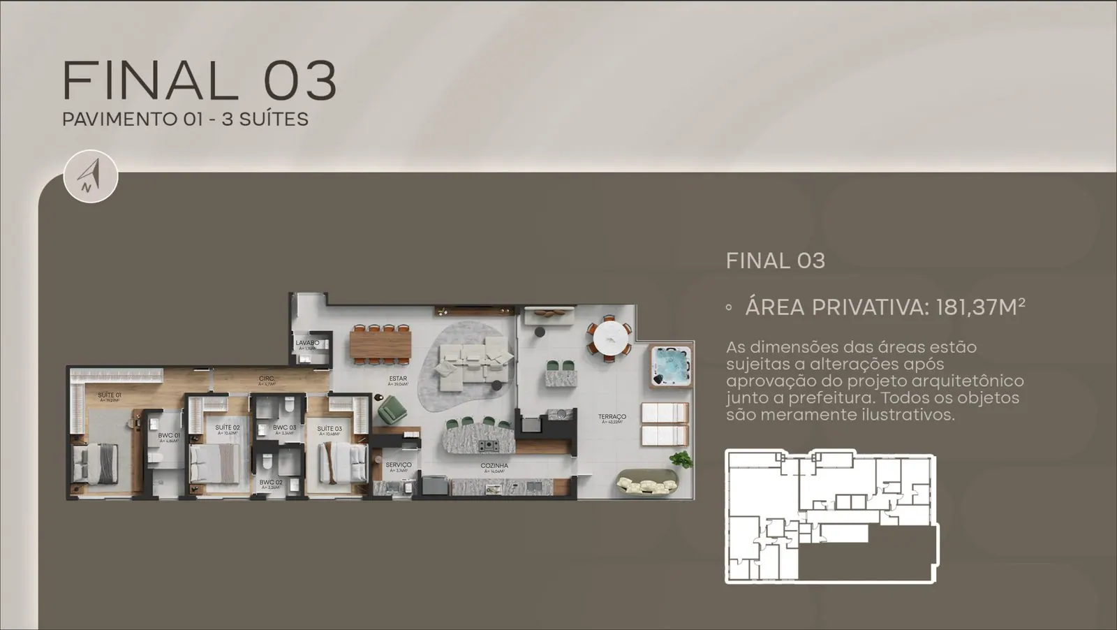 Planta da cota 103 do Cais, 3 suítes, 181,37 m²