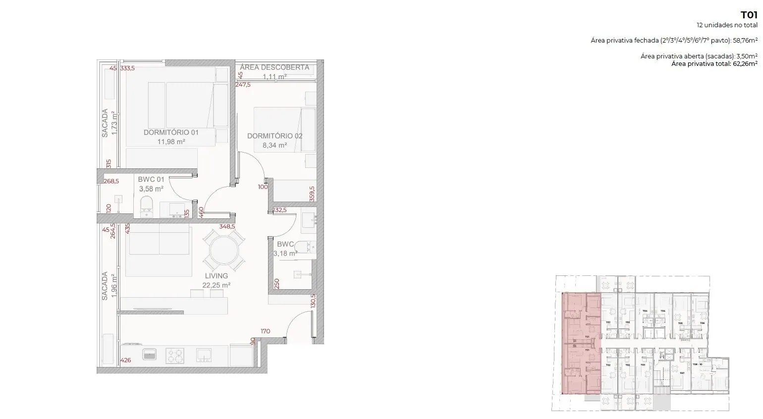 Planta da cota 101 do Djalma 64, 2 dormitórios, 62,03 m²