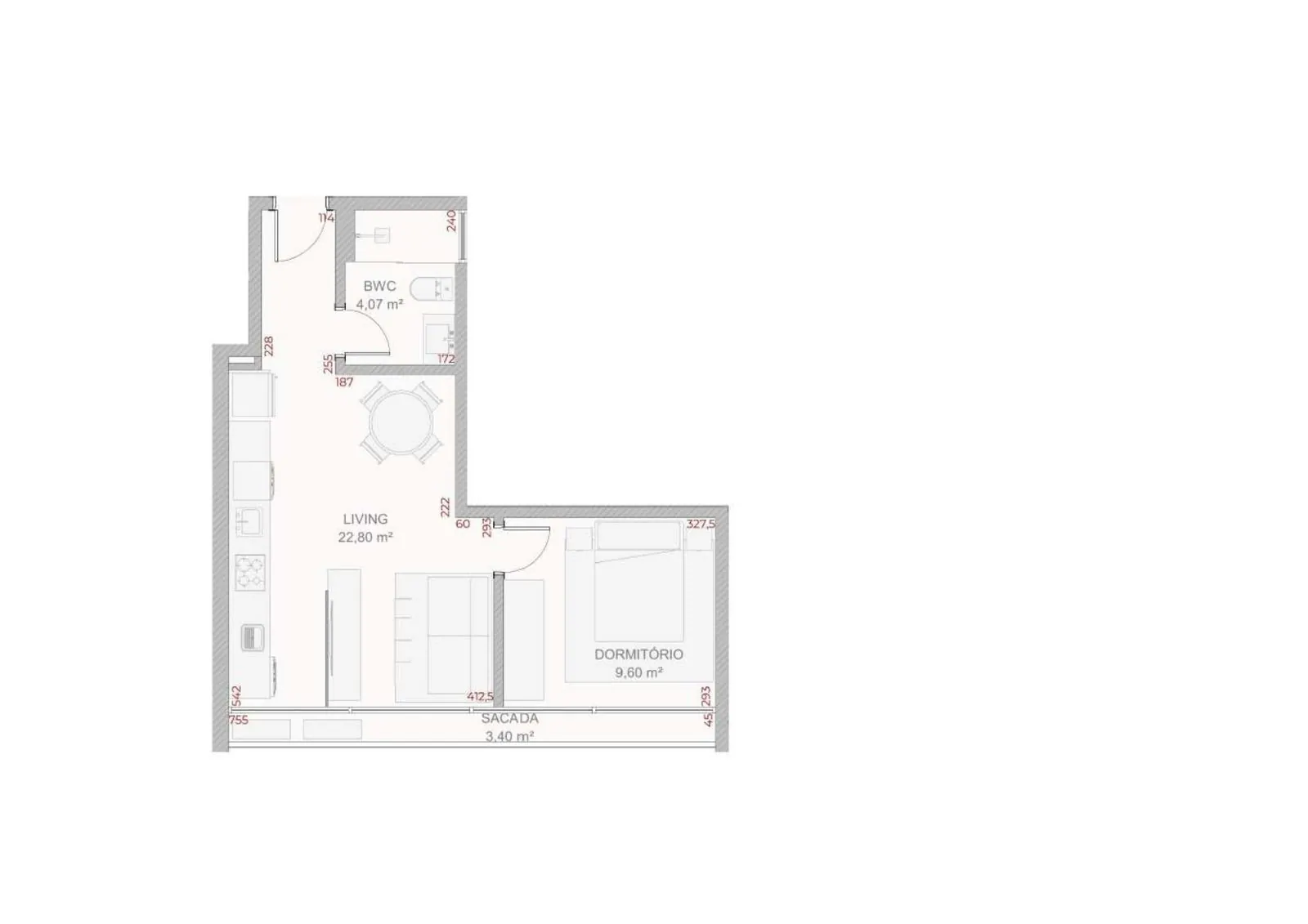 Planta da cota 711 do Djalma 64, 1 dormitório, 47,81 m²