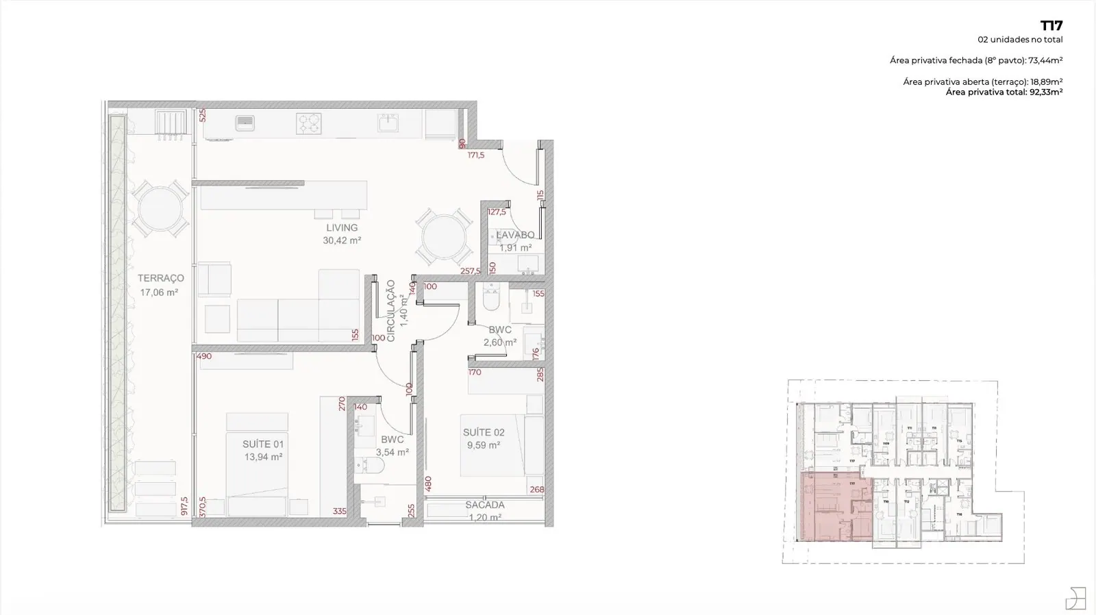 Planta da cota 801 do Djalma 64, 2 suítes, 92,19 m²