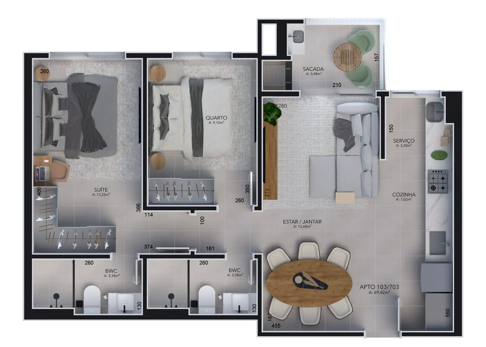 Planta da cota 203 do Malta Residence, 2 dormitórios, 69,42 m²