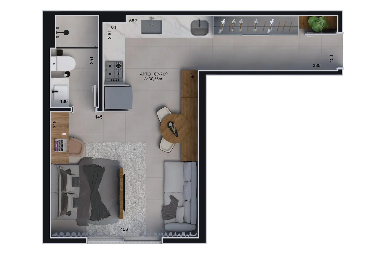 Planta da cota 209 do Malta Residence, Studio, 34,50 m²