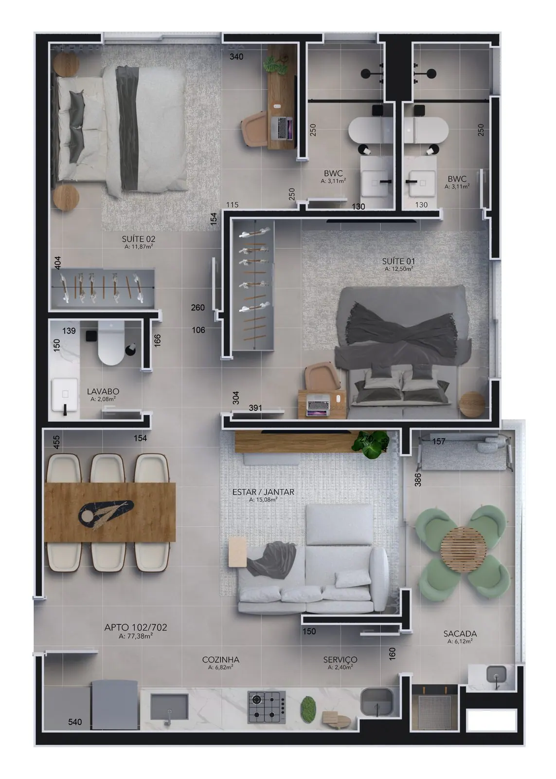 Planta da cota 302 do Malta Residence, 2 suítes, 77,38 m²
