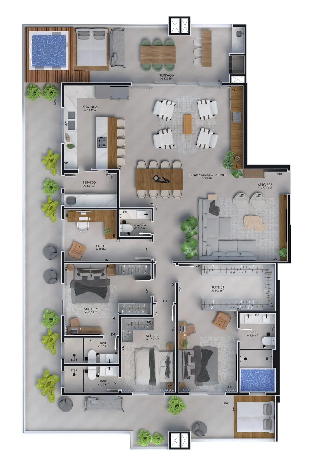 Planta da cota 803 do Malta Residence, 3 suítes, 278,51 m²