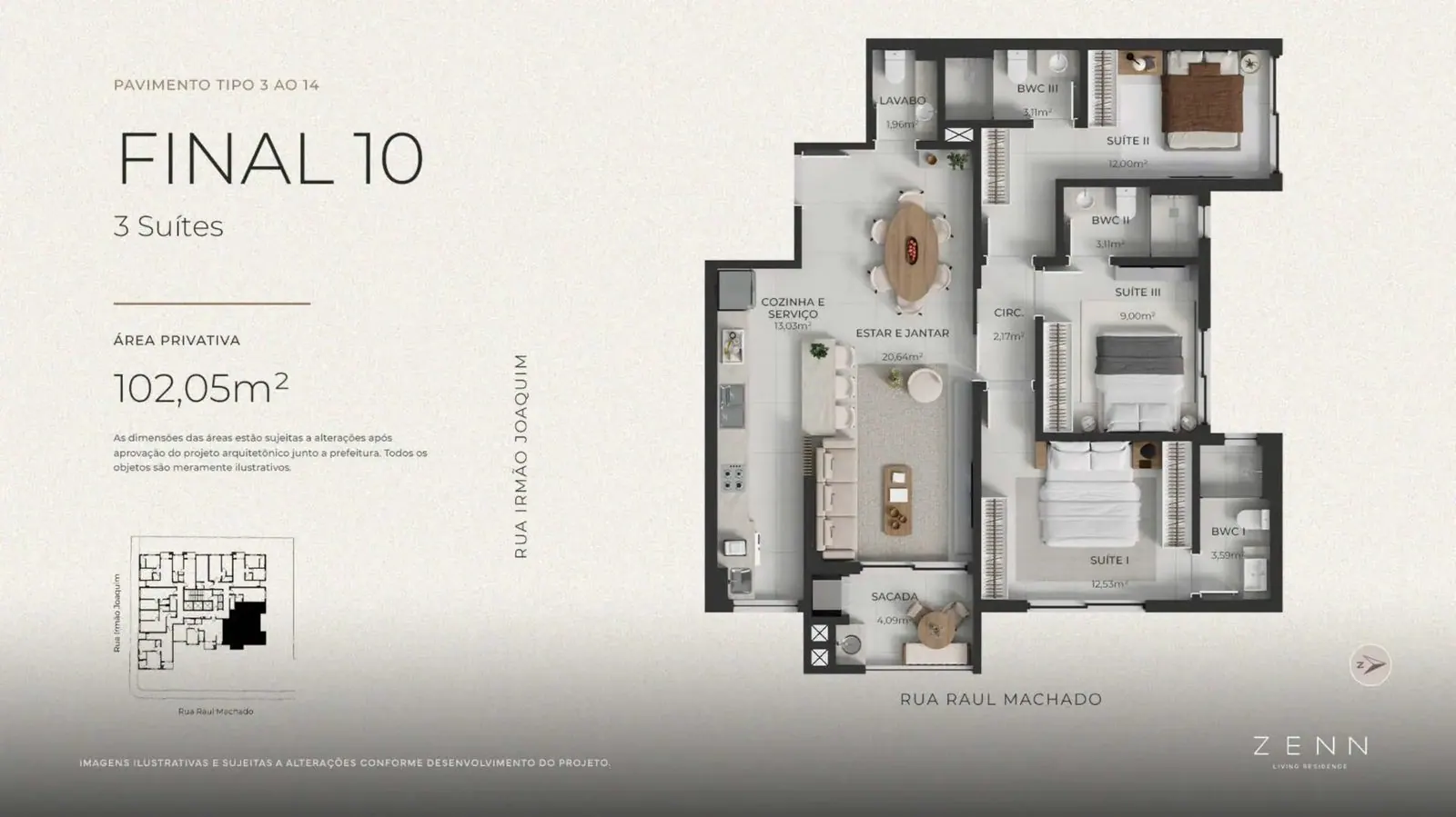 Planta da cota 1110 do Zenn Living Residence, 3 suítes, 102,05 m²