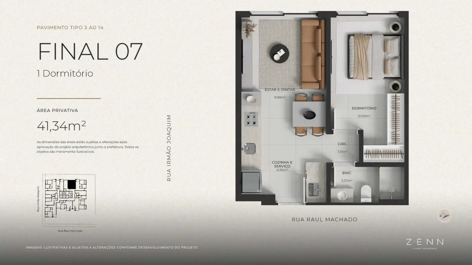 Planta da cota 1007 do Zenn Living Residence, 1 dormitório, 41,34 m²