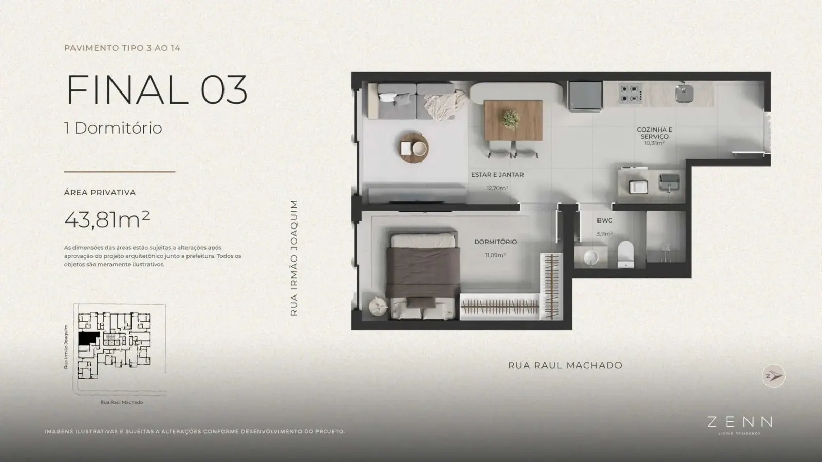Planta da cota 903 do Zenn Living Residence, 1 dormitório, 43,81 m²