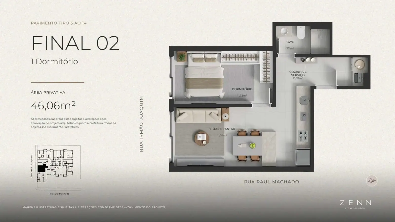 Planta da cota 702 do Zenn Living Residence, 1 dormitório, 46,06 m²