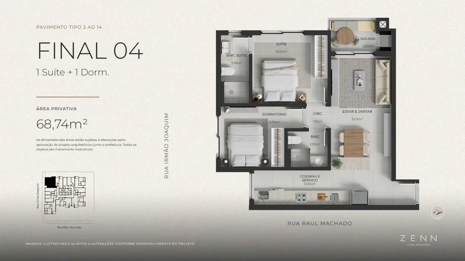 Planta da cota 604 do Zenn Living Residence, 2 dormitórios, 68,74 m²