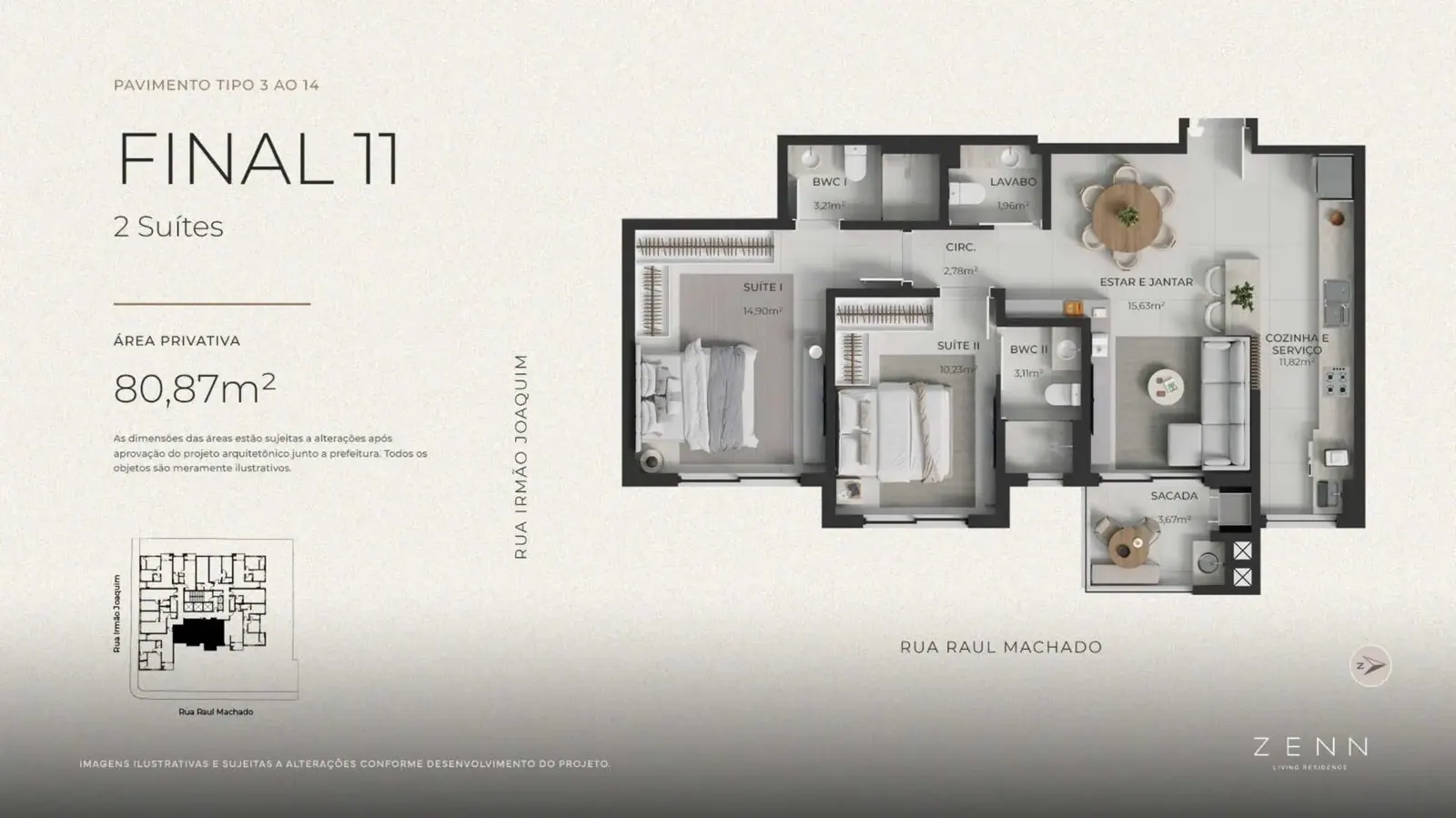 Planta da cota 211 do Zenn Living Residence, 2 suítes, 80,87 m²